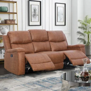 hudson premium vegan leather 3 seater reclining sofa cognac brown